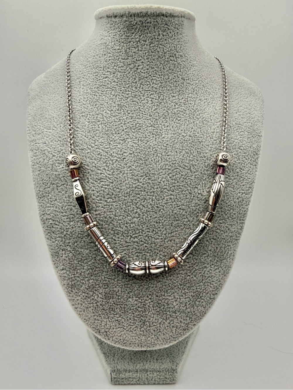 Brighton silvertone etched necklace purple & amber beaded, retired design